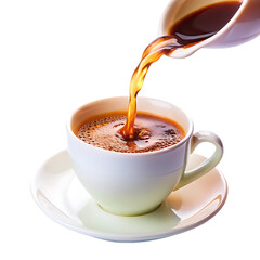 Freshly brewed espresso coffee being poured into a ceramic mug on a isolated white background. PNG