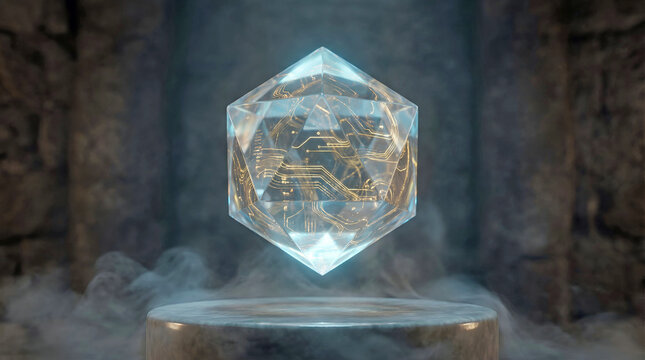 glowing geometric crystal hovering above stone pedestal with circuitry inside - Powered by Adobe