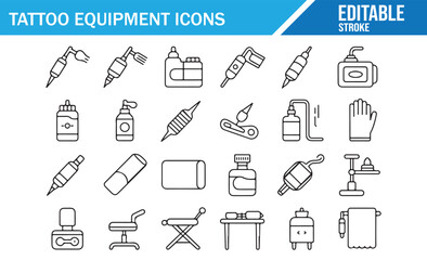 Fototapeta premium Tattoo supplies and machine outline vector icon pack
