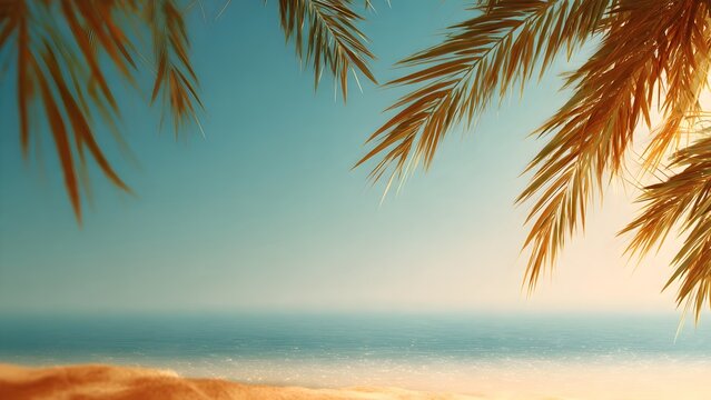 Sunlit Palm Fronds Frame a Tranquil Tropical Beach and Calm Ocean Under a Clear Sky - Powered by Adobe
