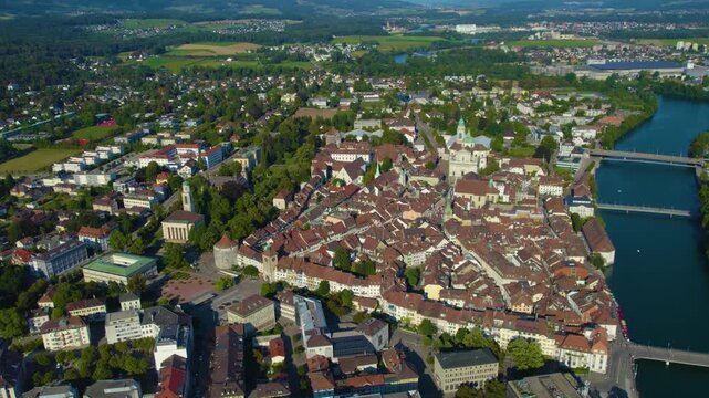 Aerial view of the city and old town Solothurn in Switzerland on a sunny afternoon in summer.