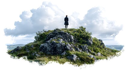 watercolor-style illustration of a lone hiker standing on top of a rocky hill