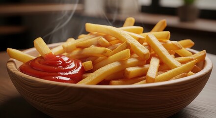 Close up of golden french fries with ketchup in a wooden bowl on table