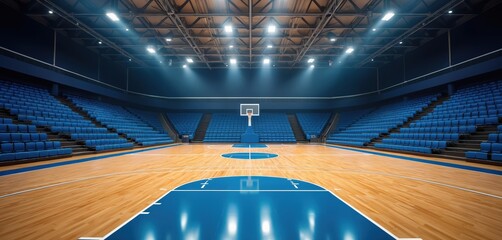 Empty indoor basketball court with polished wooden floor, blue seats for spectators. Professional sport arena with hoop under bright spotlights awaits competition. Large stadium gym ready for big