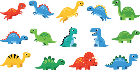 Big set of cute cartoon dinosaurs vector illustration collection of colorful prehistoric animals like t-rex and triceratops isolated for kids. © Moksedul Creative