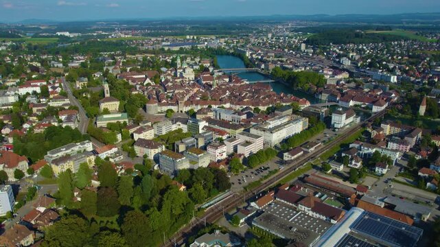 Aerial view of the city and old town Solothurn in Switzerland on a sunny afternoon in summer.