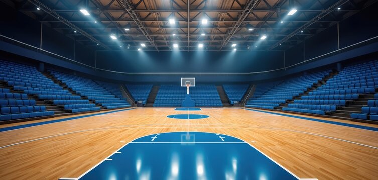Empty indoor basketball court with polished wooden floor, blue seats for spectators. Professional sport arena with hoop under bright spotlights awaits competition. Large stadium gym ready for big - Powered by Adobe