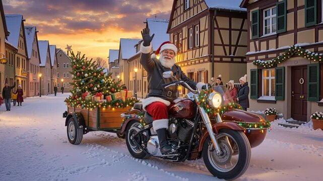Santa Claus waves from motorcycle with sidecar and trailer carrying Christmas tree. Snowy village street decorated for holidays. Panning camera movement.