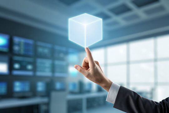 Hand touching a glowing holographic cube in a modern data center - Powered by Adobe