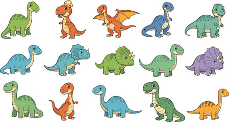 Big set of cute cartoon dinosaurs vector illustration collection of fifteen colorful prehistoric animals including t-rex and triceratops isolated for kids.