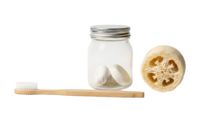 Eco-friendly bathroom essentials featuring sustainable bamboo toothbrush, loofah sponge, and solid toothpaste tablets for zero waste living, natural wellness lifestyle