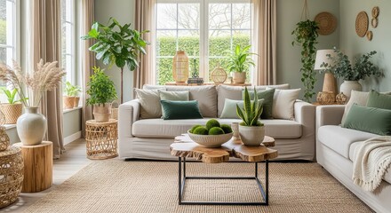 Cozy living room with natural light and plants creates a relaxing atmosphere