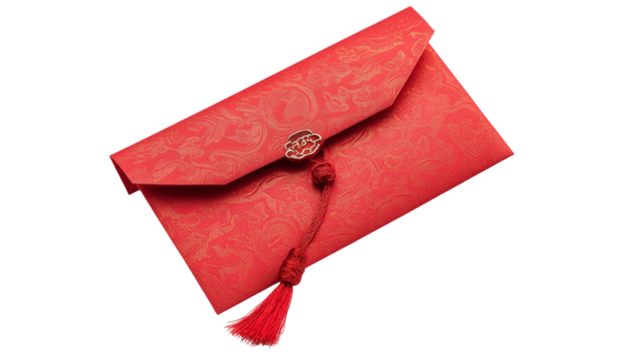 Elegant red textured envelope with decorative closure and ribbon detail