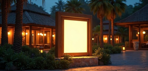 Luxury resort hotel entrance with blank signboard at night. Modern wooden frame with glowing light. Palm trees, plants around. Buildings with warm yellow lighting in background. Evening atmosphere.