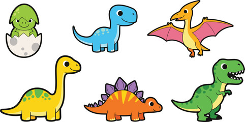 Cute cartoon dinosaurs set vector illustration collection including baby hatching from egg t-rex and pterodactyl isolated for kids.