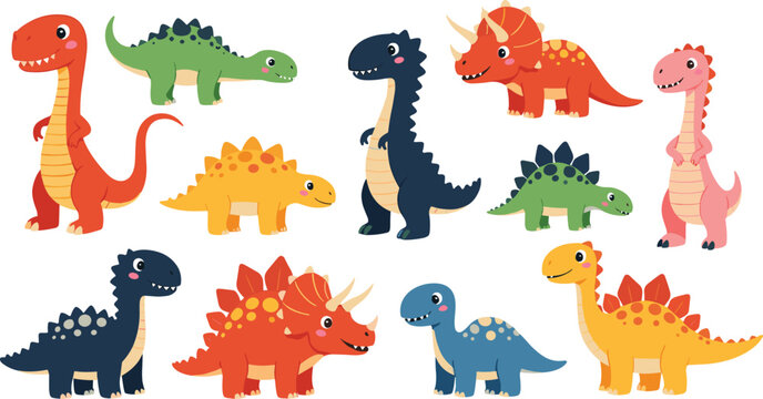 Big set of cute cartoon dinosaurs vector illustration collection of eleven colorful prehistoric animals including t-rex and triceratops isolated for kids.