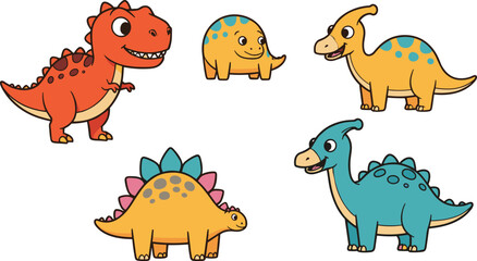 Cute cartoon dinosaurs set vector illustration collection of five colorful prehistoric animals including t-rex and stegosaurus isolated for kids. © Moksedul Creative