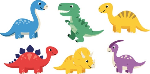 Cute cartoon dinosaurs set vector illustration collection of six colorful prehistoric animals including t-rex and triceratops isolated for kids.