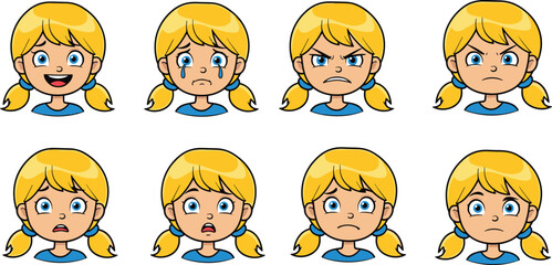 Cute cartoon girl avatar set vector illustration collection of various facial emotions including happy angry and crying with blonde hair.