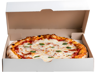 Fresh pepperoni pizza in an open cardboard delivery box, isolated on transparent background, ideal for food banners,
