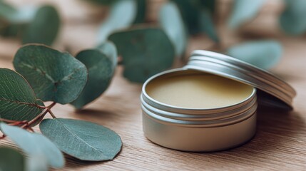 A soothing balm container beside fresh eucalyptus leaves on a wooden surface.