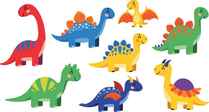 Cute cartoon dinosaurs set vector illustration collection of eight colorful prehistoric animals including pterodactyl and stegosaurus isolated for kids.