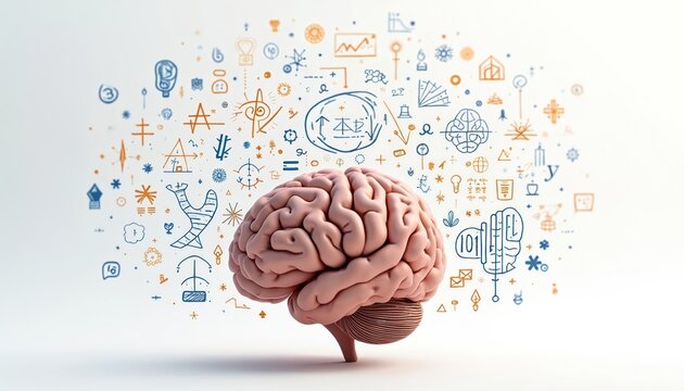 Brain model depicted among icons with math symbols on white background. Represents human intellect with innovation symbols. Idea of knowledge, learning, education, brainpower, mind potential shown.