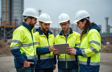 Team of experts in safety wear works at construction. Men and woman watch the tablet and discuss plan. Engineers inspect industrial object outdoor. Safety control and management.