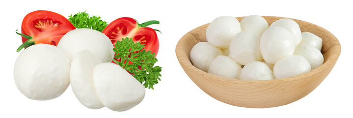 Mini mozzarella balls with parsley leaf and tomato in wooden bowl isolated on white background with full depth of field.