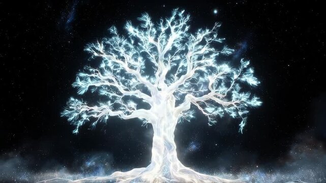 Mystical glowing tree of life in dark cosmic background.