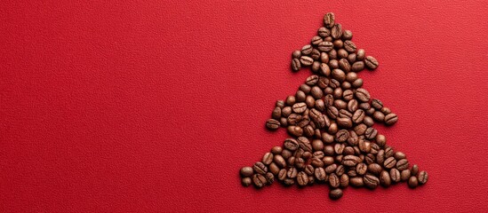 Coffee beans forming christmas tree on red background