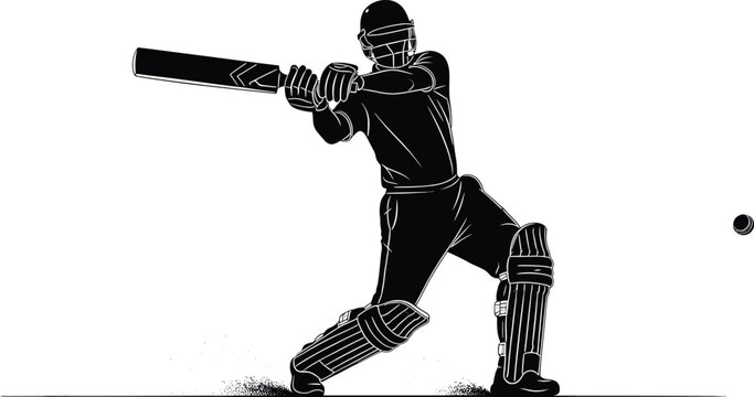 Black silhouette of a cricket batsman hitting a ball cricket, batsman, sport, game, athlete, player, action, hitting, swing, bat, ball, helmet, pads, gloves, uniform, silhouette, black and white, grap