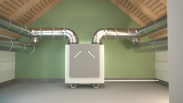 Air recuperator - attic ventilation system. 3D illustration