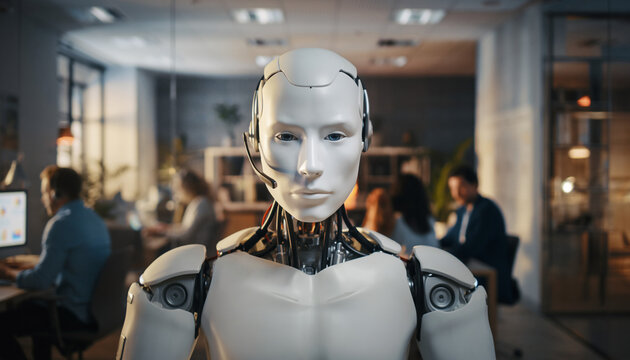 Artificial Intelligence in Office: A sleek and modern humanoid robot stands confidently in a contemporary office setting, a symbol of technological advancement and the future of work.