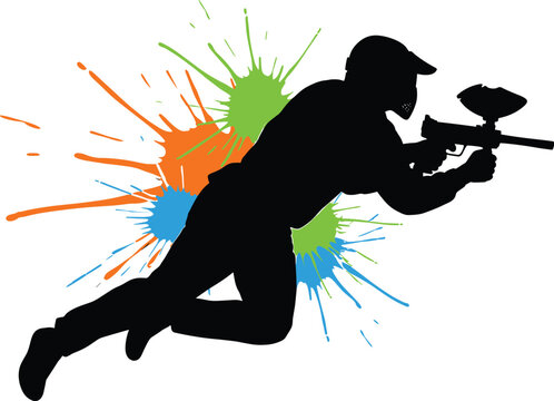 Black silhouette of a paintball player with colorful paint splatters paintball, player, silhouette, black, white background, action, sport, game, gun, weapon, mask, helmet, orange, green, blue, splatt