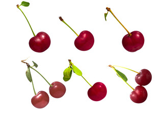 PNG image of Freshly picked cherries with stems and leaves showcasing vibrant red hues and natural textures for healthy eating concepts on transparent background