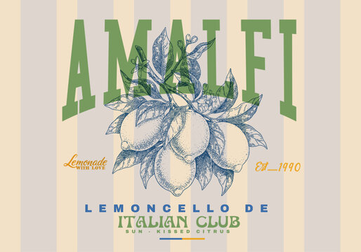 hand drawing limoncello de Italian club slogan typography. Amalfi Lemonade graphics in vector.  women's girls. trendy fashion graphics.