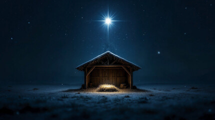 Obraz premium The star of Bethlehem shines over an empty manger in a wooden stable. Traditional nativity scene on a snowy winter night. Christian Christmas holiday concept