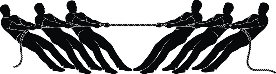 Black silhouettes of teams pulling rope in tug of war tug of war, rope, pulling, team, competition, sport, strength, power, struggle, effort, exertion, teamwork, opposing, conflict, challenge, contest