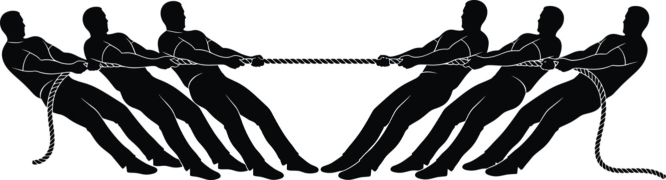 Black silhouettes of teams pulling rope in tug of war tug of war, rope, pulling, team, competition, sport, strength, power, struggle, effort, exertion, teamwork, opposing, conflict, challenge, contest