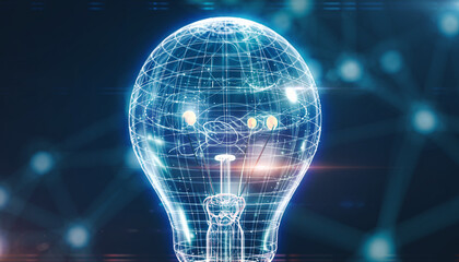 Illuminating Ideas: A brilliant digital lightbulb glows against a backdrop of complex interconnected nodes, symbolizing innovation and the spark of inspiration.