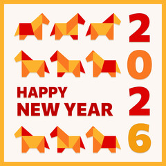 2026 Lunar New Year beige greeting card with bold typography and origami geometric horses in red/gold blocks. Flat minimal paper cut poster, banner with cartoon equine for Christmas and CNY holidays