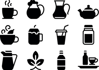 Collection of diverse black and white drink icons great for design
