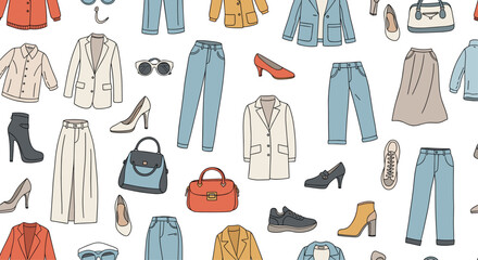 Stylish seamless pattern of hand-drawn women's fashion items including clothes shoes and accessories on a white background.