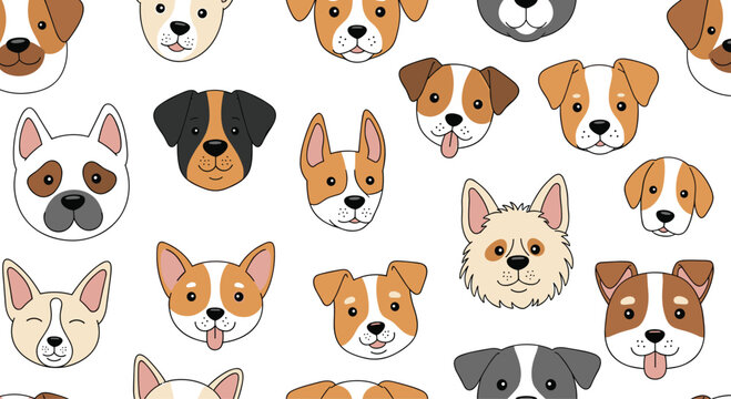 Adorable seamless pattern of various cute cartoon dog and puppy faces from different breeds on a clean white background.