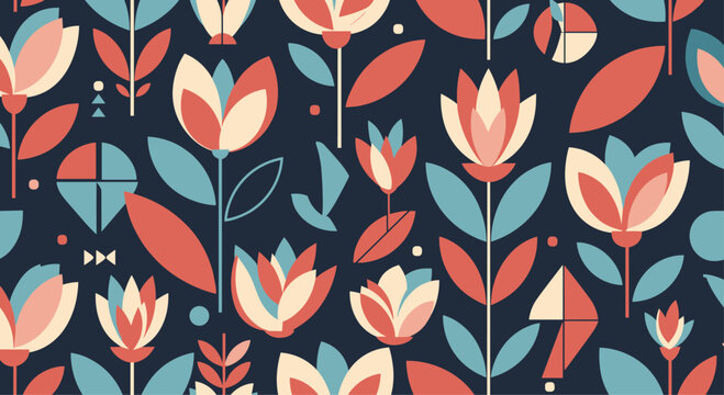 Fototapeta Abstract seamless floral pattern with stylized geometric flowers and leaves in a modern folk art style on a dark background.