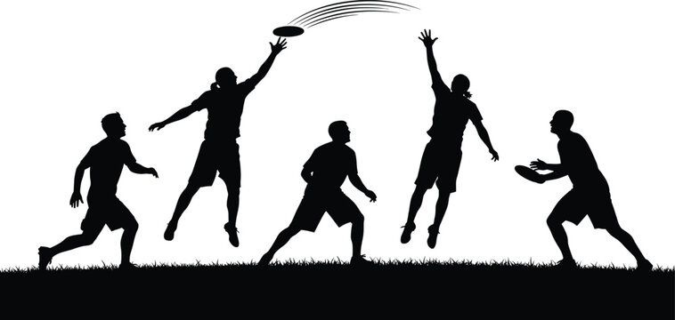Five men playing ultimate frisbee on grass silhouettes ultimate frisbee, frisbee, sport, game, playing, throwing, catching, jumping, running, men, male, athletes, team, outdoor, activity, recreation, 