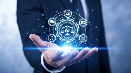 Ai and legal technology a businessman s hand displaying a futuristic law interface