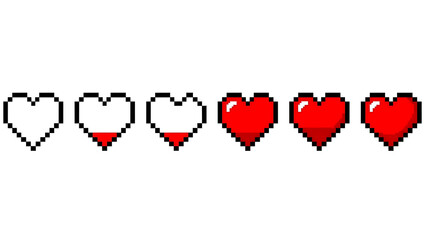 Pixel graphic of heart health bar, showing progress in games.