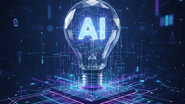 AI Light Bulb Concept with Glowing Circuit Board and Futuristic Digital Background